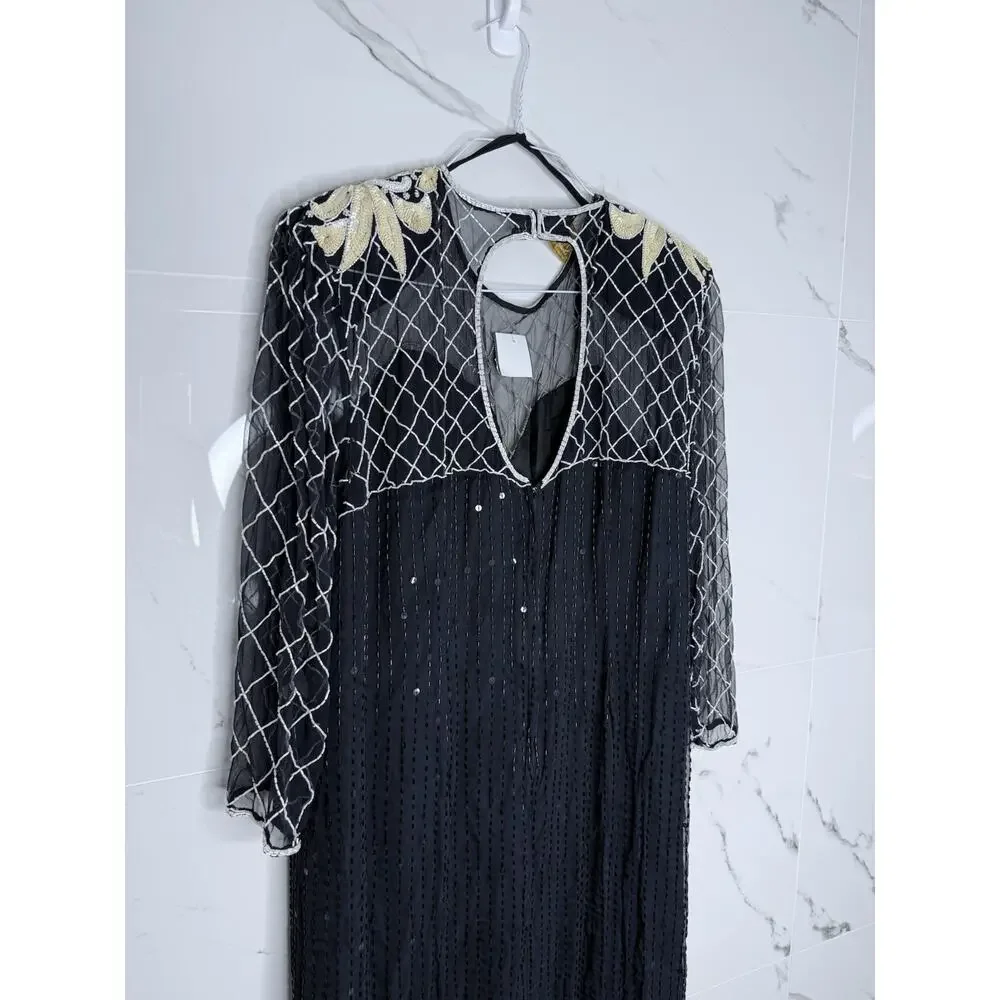 Beaded Silk Laurence Kazar Evening Gown Large VTG Dress Black White Regal Art - Picture 9 of 16